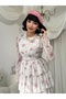 Women's Pink Chiffon Floral Patterned Layered Flounce Belted Long Dress