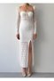 Women's Ecru Midi Dress with Lace Detail, Slit, Long Sleeves, Sweetheart Neckline - 7
