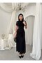 Women's Black Midi Dress with Draped Gathered Tulle Detail and Short Sleeves for Special Occasions - 6