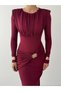 Women's Burgundy Midi Dress with Draped Long Sleeves and Gathered Metal Accessory Detail - 8