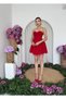 Women's Red Mini Dress Strapless Sweetheart Neckline Gathered Tulle Skirted Mini Evening Dress - 4