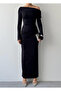 Women's Black Midi Dress Asymmetrical Collar Long Sleeve Draped Slim Fit - 2