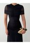 Women's Black Midi Dress with Draped Gathered Tulle Detail and Short Sleeves for Special Occasions - 7