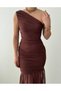 Women's Brown Midi Dress with One Shoulder, Gathered Tulle Detail and Asymmetrical Collar - 7