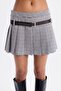Women's Gray Plaid Belted Double Pleated Mini Woven Casual Skirt - 4