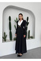 Women's Black Shawl Collar Contrast Detailed Long Sleeve Flared Midi Dress - 8