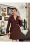 Women's Coffee Color Double Breasted Jacket Dress Lace-Up Waist Gathered Long Sleeve Mini - 5
