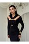 Women's Black Midi Dress with Draped Brooch Detail, Long Sleeves, Fitted Fit - 7