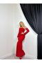 Women's Red Strapless Lace Gathered Fishtail Long Evening Dress