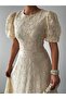 Women's Beige Midi Dress Crew Neck Floral Patterned Balloon Sleeves A-Line - 3