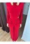 Women's Red Half Turtleneck Long Sleeve Side Cutout Gathered Maxi Dress - 5