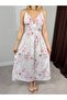 Women's Pink Floral Patterned Rope Strap V-Neck Waist Gathered Tie Back Maxi Dress - 4