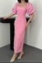 Women's Pink Dress Midi Square Neck Balloon Sleeves Beaded Embroidery Pencil Cut - 5
