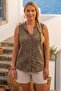 Light Brown Hakim Collar Sleeveless Buttoned Embroidered Casual Cotton Woven Blouse 70 60 - 6