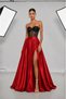 Red Matte Satin High Waist Puffy Long Evening Skirt – Slit A-Line Maxi Skirt - 2