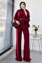 Premium Kayık Collar Spanish Style Linen Trousers Set - Burgundy - 6