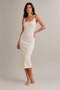 Women's Soft and Stretchy Fabric Square Neck Slim Fit Buckle Detailed Strap Viscose Midi Cream Dress - 2