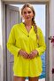 Yellow Hakim Collar 3/4 Sleeve Embroidered Hem Oval Casual Cotton Woven Blouse 72 62 - 6