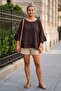 Brown Pool Collar 3/4 Sleeve Casual Cotton Woven Blouse 65 65 - 3