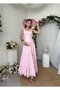 Women's Pink Midi Dress Square Collar Lace Strap Layered Skirt Poplin Textured - 6