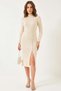 Women's Corded Buttoned Knitwear Ecru Dress