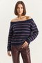 Women's Bardot Collar Striped Knitwear Navy Blue Burgundy Sweater - 5