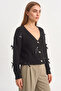 Women's V-Neck Oversize Buttoned Black Cardigan with Bow Accessories - 7