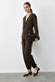 Women's Tied Double-Breasted Jacket with Elastic Cuffs and Comfortable Brown Trousers Set - 3