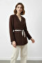 Women's Double-Breasted Collar Blazer with Scarf Belt Brown Jacket - 3