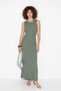 Women's Stone Embellished Crew Neck Thick Strap Ribbed Wrap Maxi Mint Green Dress