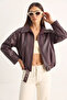 Women's Oversize Buckle Leather Claret Red Jacket - 5