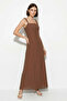 Women's Beaded Strap Detailed Square Neck Flowy Maxi Brown Dress - 2
