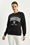 Women's Crew Neck Printed Three Thread Ribbed Basic Black Sweatshirt - 4