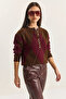 Women's Buttoned Diamond Patterned Basic Knitwear Brown Claret Red Sweater - 3