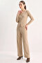 Women's V-Neck Button Accessory Thessaloniki Beige Top and Bottom Set - 5