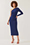 Women's One-Shoulder Gathered Long Navy Blue Dress - 5