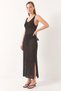 Women's V-Neck Slit Detailed Openwork Black Dress - 2