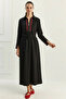 Women's Zippered Flowy Long Black Dress with Belt - 4