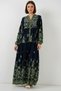 Women's V-Neck Gathered Waist Floral Patterned Viscose Navy Blue Hijab Dress