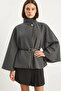Women's Gold Button Detailed Belted Poncho Anthracite - 5