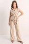 Women's Double-Breasted Collar Belted Classic Vest High-Waist Palazzo Beige Trousers Set - 2