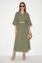 Women's Double-Breasted Tie-Down Blouse with Gipe Detailed Lined Skirt Cotton Green Set
