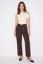 Women's Buckle High Waist Pleated Detailed Straight Leg Fabric Bitter Brown Trousers - 4