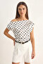 Women's Boat Neck Draped Polka Dot Ecru Black Blouse - 2