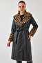 Women's Collar and Sleeves Leopard Fur Leather Trench Coat Black - 5