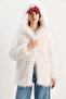 Women's Double Button Detailed Hooded Lined Tibetan White Coat - 5