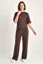 Women's Ribbed Half Sleeve T-Shirt Elasticized Wide Leg Bitter Coffee Set - 4