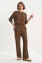 Women's Crew Neck Long Sleeve Top with Elastic Waist, Loose Bottom with Piping Detail, Modal Brown Set - 4