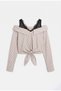 Women's Coffee Striped W6-16 Relaxed Black Tulle and Shoulder Detailed Waist-Tied Design Shirt