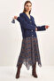 Women's Plaid Patterned Crinkle Effect Lined Midi Chiffon Navy Blue Skirt - 4